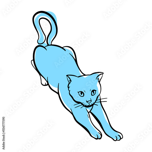 Funny cat is stretches his paws forward. Free hand Fat cute domestic pet illustration.