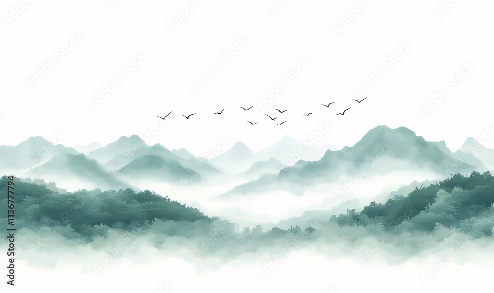 Misty mountain range with birds flying in formation.