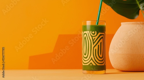 Spirulina smoothie in a glass bottle with oceanthemed background props photo