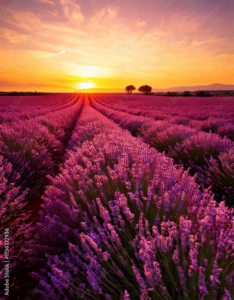 Obraz premium A serene lavender field at sunset, painted with soft purple and gold tones