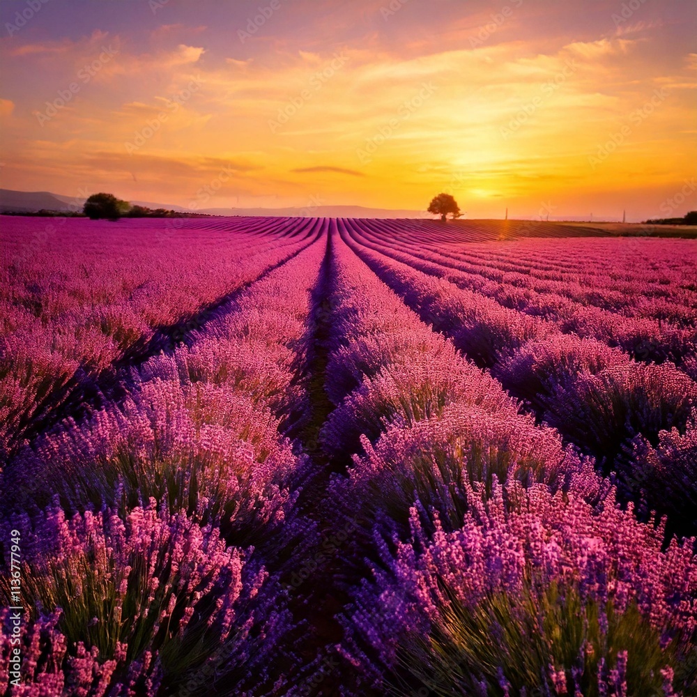 A serene lavender field at sunset, painted with soft purple and gold tones A serene lavender field at sunset, painted with soft purple and gold tones