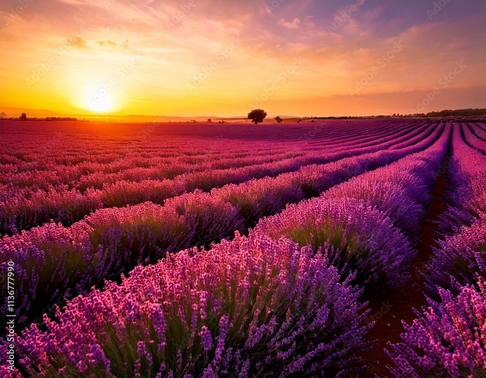 Obraz premium A serene lavender field at sunset, painted with soft purple and gold tones