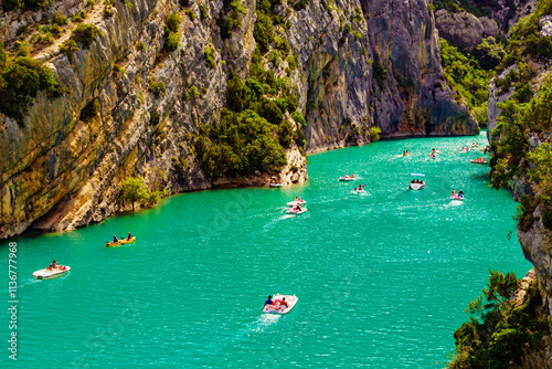 Boats on water, Verdon Gorge in Provence France.