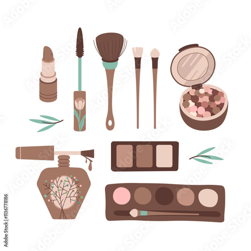 Women's decorative make up cosmetics set. Collection beauty elements. Mocha Mousse colors.