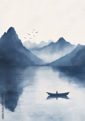 Serene blue lake landscape with lone boatman and misty mountains.
