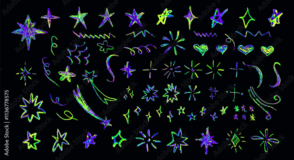 Set of colorful neon chalk drawing elements. Shine or sparkle, hearts and stars doodle collection. Children style rainbow wax pencil handdrawing elements . Vector crayon scratch grunge texture shapes