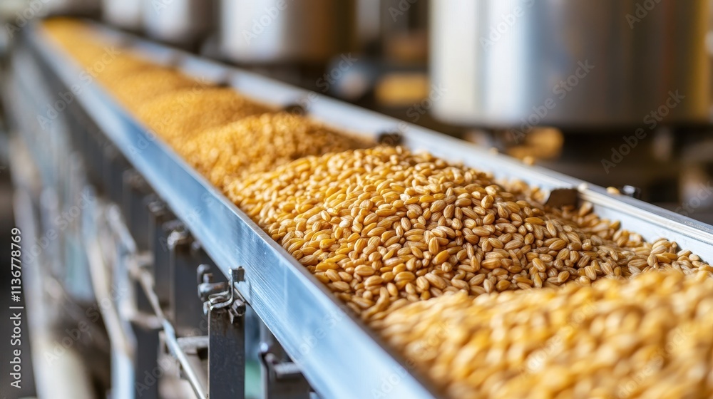 Rows of Golden Wheat Kernels in an Industrial Mill Rows of Golden Wheat Kernels in an Industrial Mill