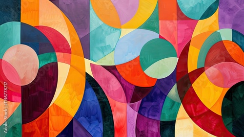 A vibrant abstract composition featuring colorful geometric shapes and fluid forms.