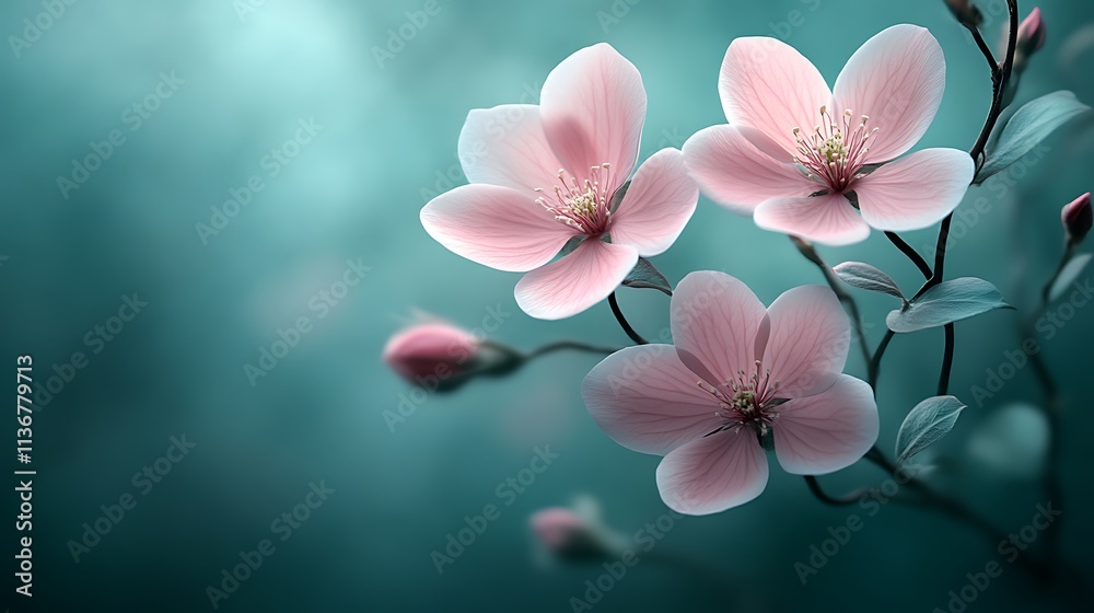 Delicate Pink Blossoms on a Teal Background Delicate Pink Blossoms on a Teal Background