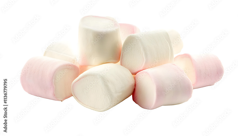 Close-up of soft, fluffy marshmallow pieces arranged in a pile on a clean white surface, emphasizing their airy texture and sweetness. PNG white transparent background Close-up of soft, fluffy marshmallow pieces arranged in a pile on a clean white surface, emphasizing their airy texture and sweetness. PNG white transparent background