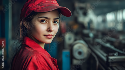 
A delicate expression graces the face of a young woman in a bustling factory setting, her red jacket and cap adding a vibrant pop of color amid the industrial backdrop.