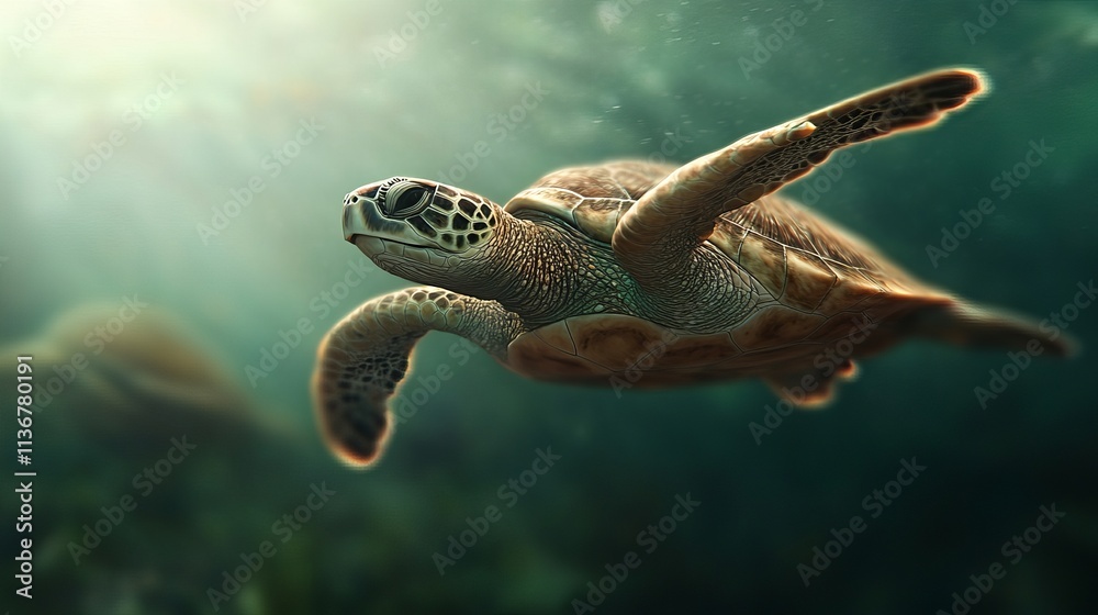 Fototapeta premium A majestic sea turtle gracefully glides through crystal-clear waters, showcasing its intricate shell and calm demeanor.