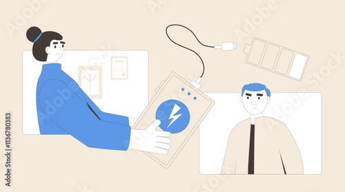 Burnout man therapy. Online counseling session with psychiatric. Tired character charge with psychologists. Male client with depression and empty battery indicator. Vector concept illustration.