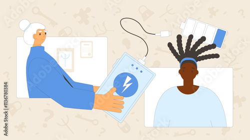 Burnout woman therapy. Online counseling online session. Talk with psychiatric. Tired character recharge with psychologists. Client with depression and stress. Vector concept outline illustration