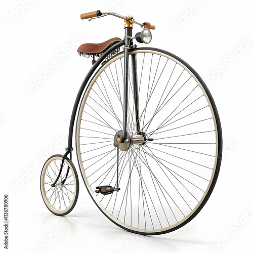A vintage penny-farthing high-wheel retro bike, featuring a large front wheel and small rear wheel, epitomizing historical cycling.