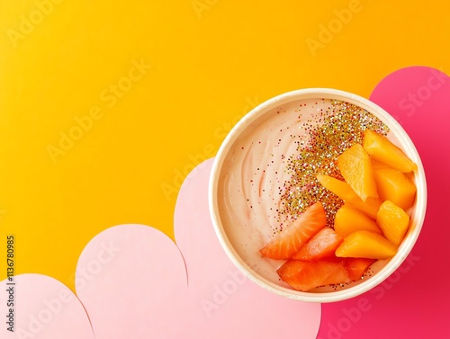 Whimsical galaxythemed smoothie bowl topped with edible glitter and vibrant fruits photo