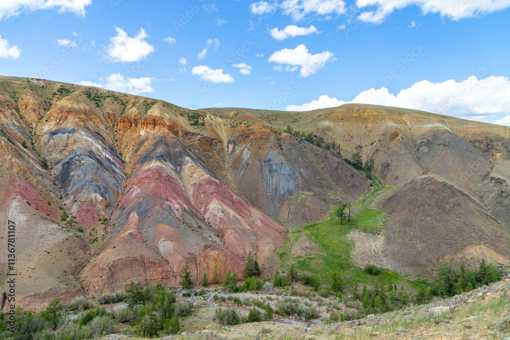 Obraz premium Altai Mars number two (multicolored mountains). Kyzyl Chin valley, also called as Mars valley. Chagan Uzun village, Altai republic, Russia. 