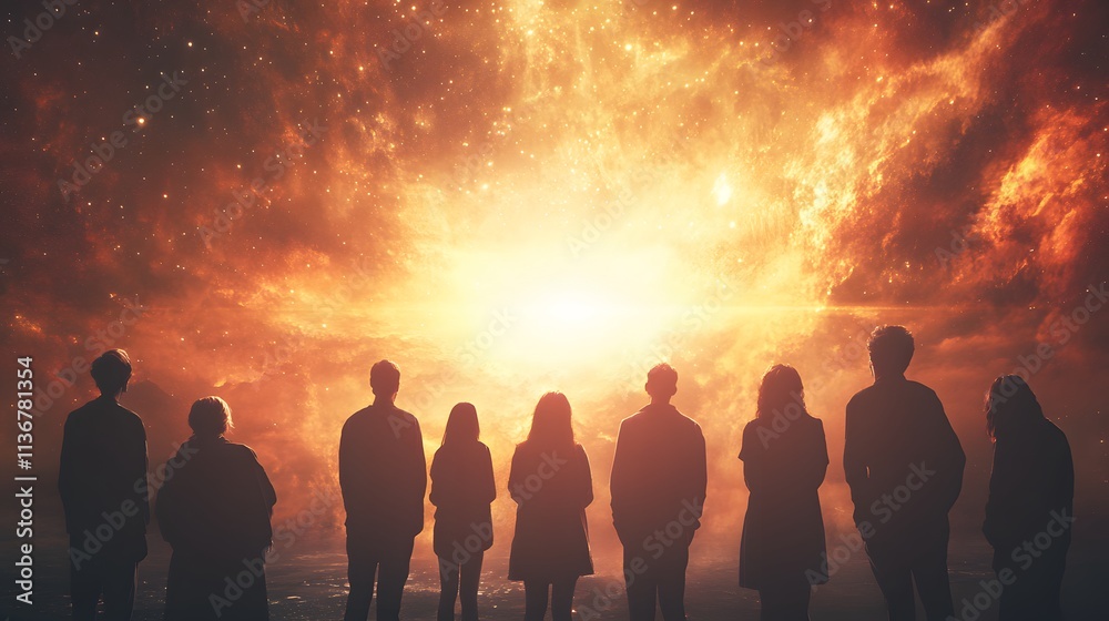 Fototapeta premium Silhouetted Figures Observe A Celestial Cosmic Event