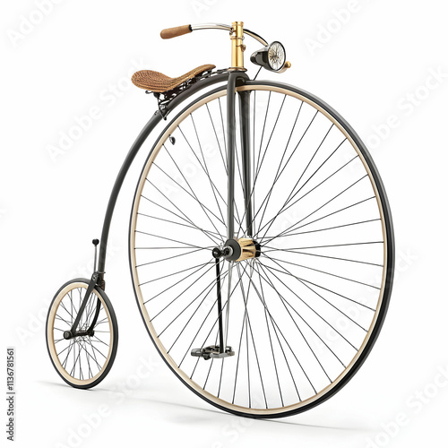 A vintage penny-farthing high-wheel retro bike, featuring a large front wheel and small rear wheel, epitomizing historical cycling.