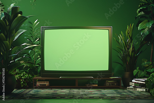 vintage s living room, s living room scene with a glowing green tv screen suitable for chroma key edits focus on tv centrally, with christmas tree in background, showcasing s decor photo