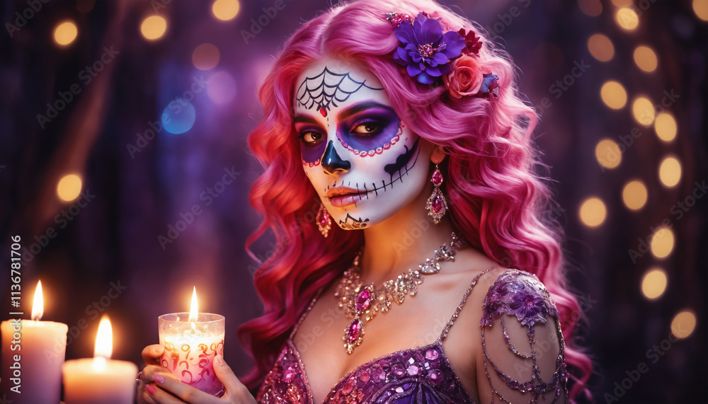 Obraz premium A stunning and mystical woman adorned with intricate sugar skull makeup, glowing pink hair cascading in elegant waves