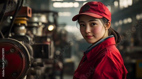 
A delicate expression graces the face of a young woman in a bustling factory setting, her red jacket and cap adding a vibrant pop of color amid the industrial backdrop.