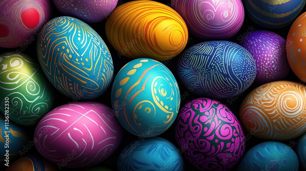 A Collection of Brightly Colored Easter Eggs With Intricate Designs, close-up A Collection of Brightly Colored Easter Eggs With Intricate Designs, close-up