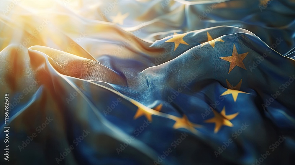 Obraz premium Close-up of a flowing European Union flag, bathed in warm, golden sunlight. The rich blue fabric and golden stars create a striking image.