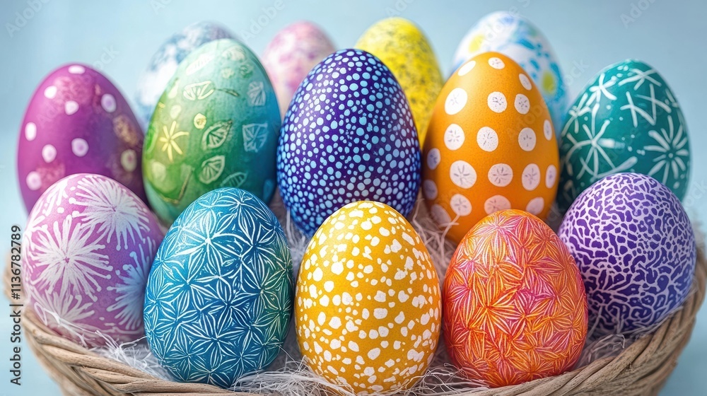 Fototapeta premium A Vibrant Collection of Colorful Patterned Easter Eggs on Display, selective focus