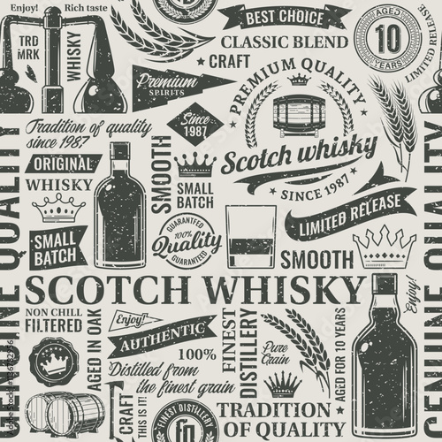 Retro styled typographic scotch whisky seamless pattern or background