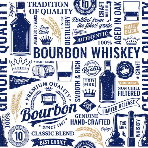 Retro styled typographic bourbon whiskey seamless pattern or background