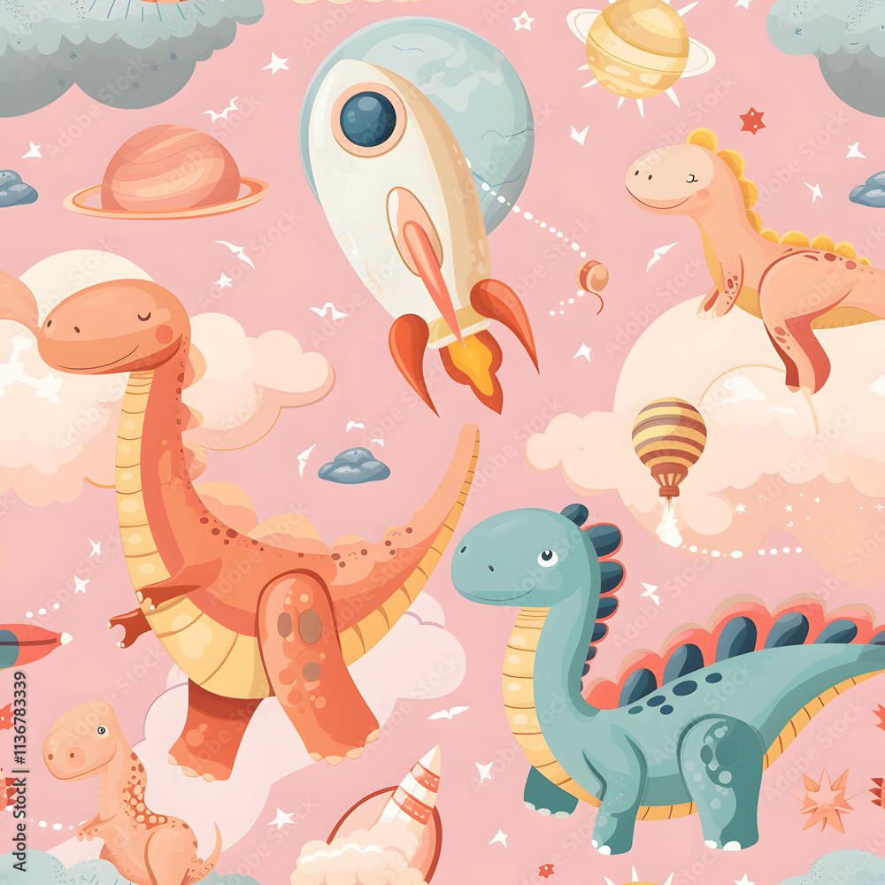 Obraz premium Dreamy Dinosaurs and Space Escapades - Seamless Pattern
