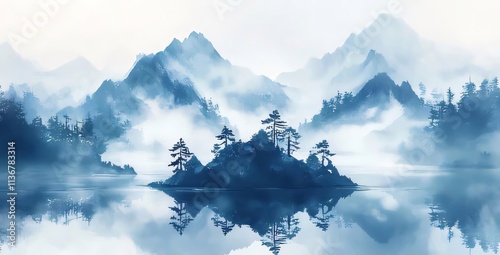 Misty mountains reflected in serene lake. photo