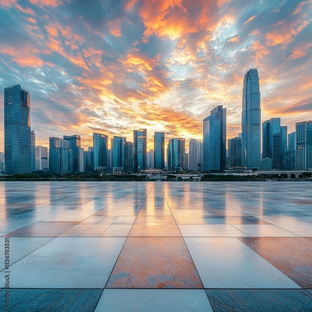 Empty square, modern city w/ sunset clouds Empty square, modern city w/ sunset clouds