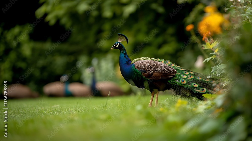 A vibrant male peacock displays its colorful feathers amidst a lush garden backdrop, showcasing nature's beauty. A vibrant male peacock displays its colorful feathers amidst a lush garden backdrop, showcasing nature's beauty.