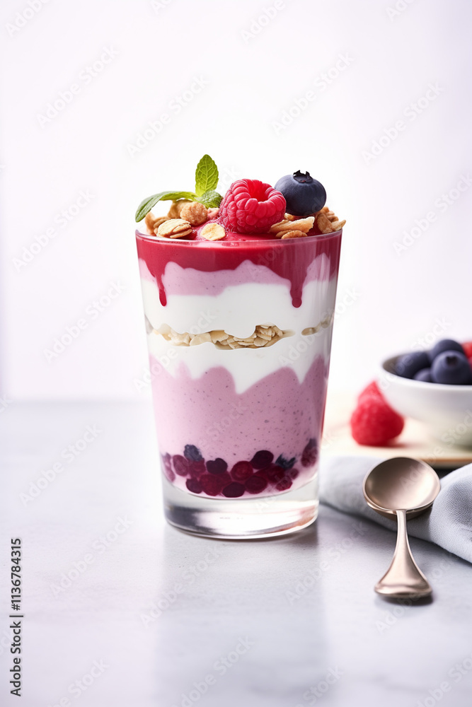 Layered berry smoothie parfait with fresh berries in a clear glass on a white table Layered berry smoothie parfait with fresh berries in a clear glass on a white table