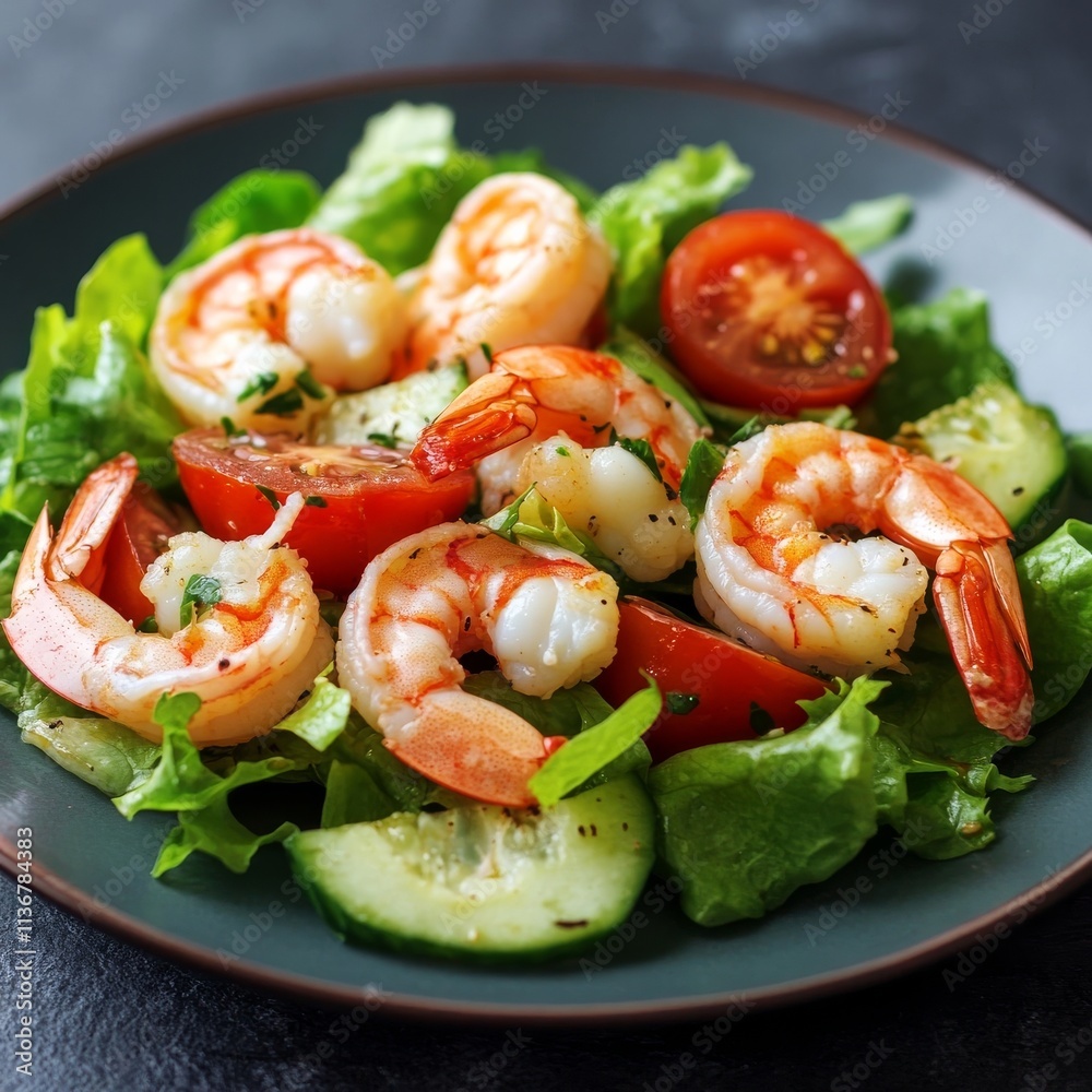 Savory salad with shrimp, tomatoes, and lettuce on a plate. Savory salad with shrimp, tomatoes, and lettuce on a plate.