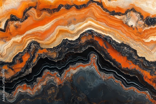 Volcanic lava texture displaying vibrant orange and black hues flowing in molten patterns photo