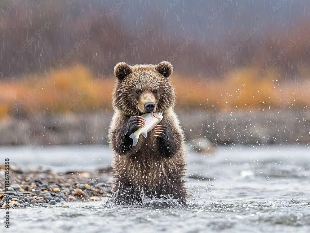 Obraz premium A bear standing in water holding a fish during a rain shower.