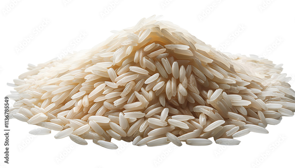 Obraz premium A close-up view of raw white rice grains heaped together, on a white background, emphasizing their texture, detail, and purity, suitable for themes of food, cooking, and ingredients. PNG transparent