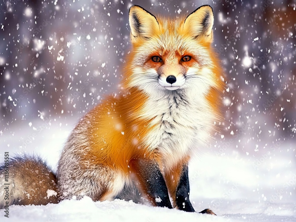 Obraz premium A beautiful red fox sitting in the snow during a snowfall.