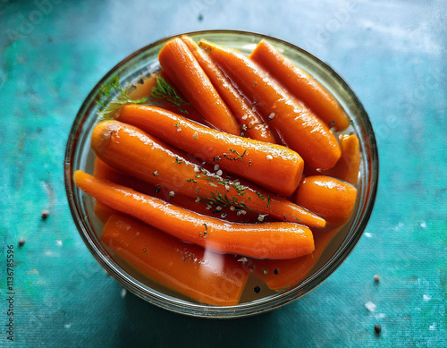 Pickled carrots in jar, preserved in vinegar, garlic and herbs on a blue background. Top view, close up photo