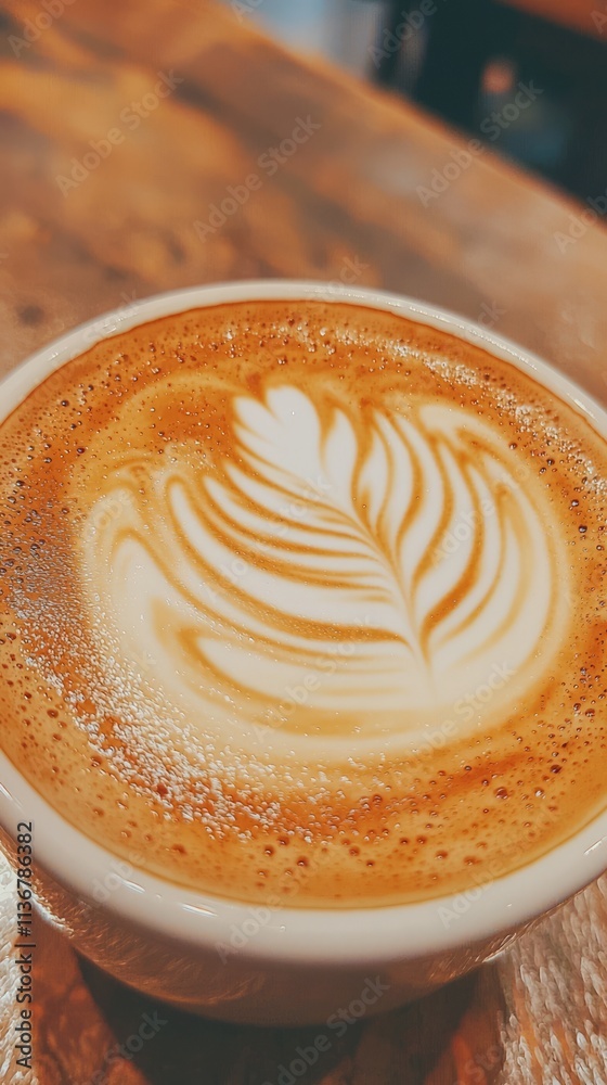 A beautifully crafted latte with intricate foam art in a white cup. A beautifully crafted latte with intricate foam art in a white cup.