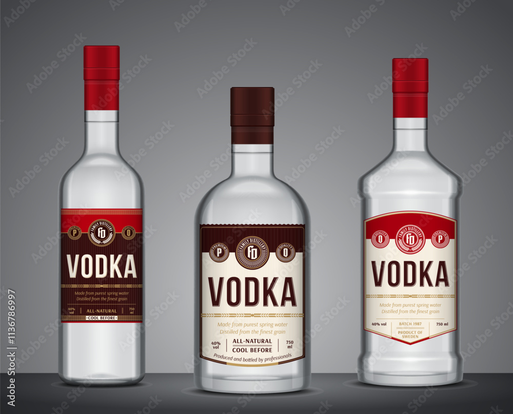 Vector vodka labels. Vodka glass bottle mockups Vector vodka labels. Vodka glass bottle mockups