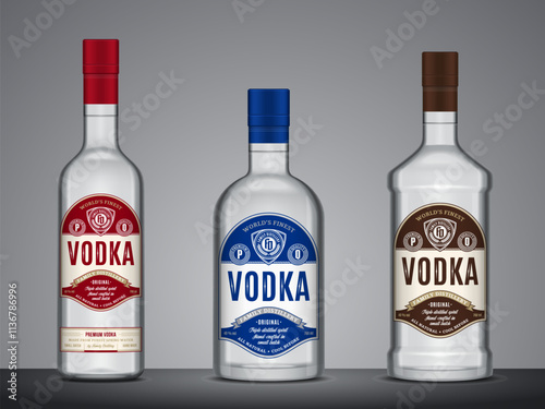 Vector vodka labels. Vodka glass bottle mockups