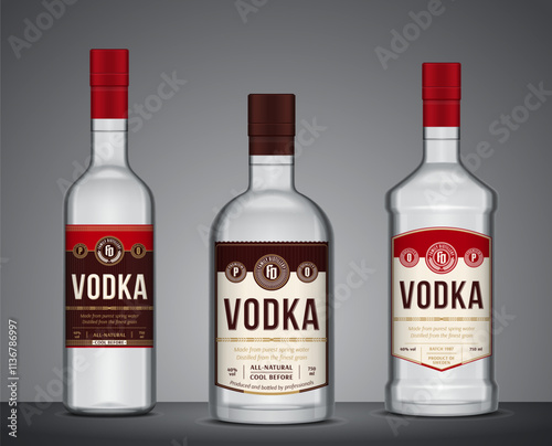 Vector vodka labels. Vodka glass bottle mockups