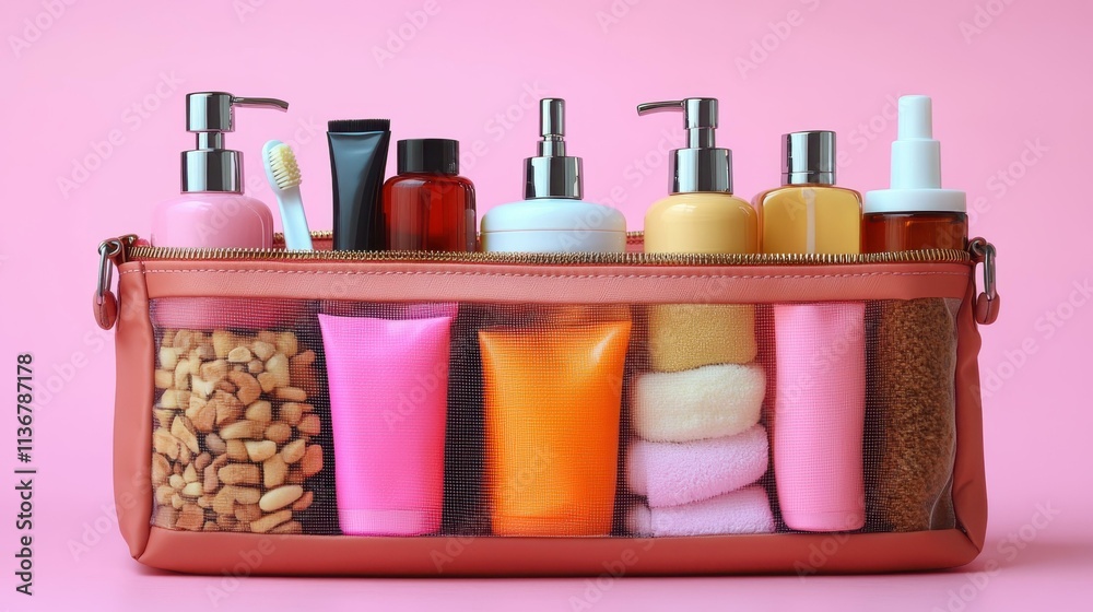 Travel Essentials Travel toiletry bag - Bag for organizing and carrying toiletries and personal care items Isolated solo on plain background Travel Essentials Travel toiletry bag - Bag for organizing and carrying toiletries and personal care items Isolated solo on plain background