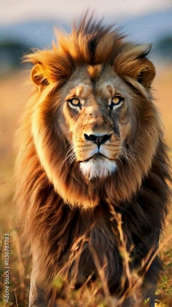 A majestic male lion lying in grass, lit by golden morning light, roaring.
A majestic male lion lying in grass, lit by golden morning light, roaring.