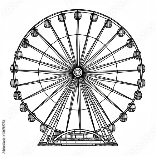 A Ferris wheel drawn with black lines. Black-and-white illustration.
