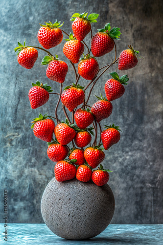 Fraises disposées comme une sculpture sur un socle en pierre photo